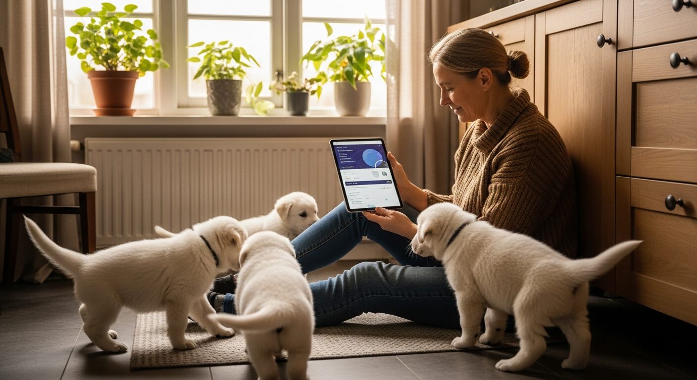 Un vétérinaire pose des électrodes sur la tête d'un chiot merle couché sur une table d'examen, lumière douce de salle de consultation, plan rapproché